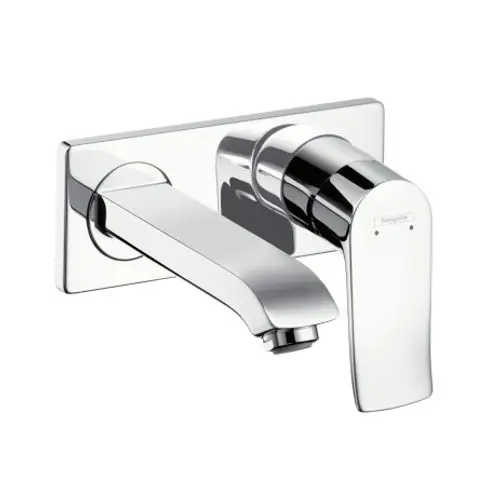 Ein hängender Waschtischmischer von Hansgrohe mit einem klaren, modernen Design, einem langen Auslauf und einem Griff zur Temperatur- und Mengeneinstellung.